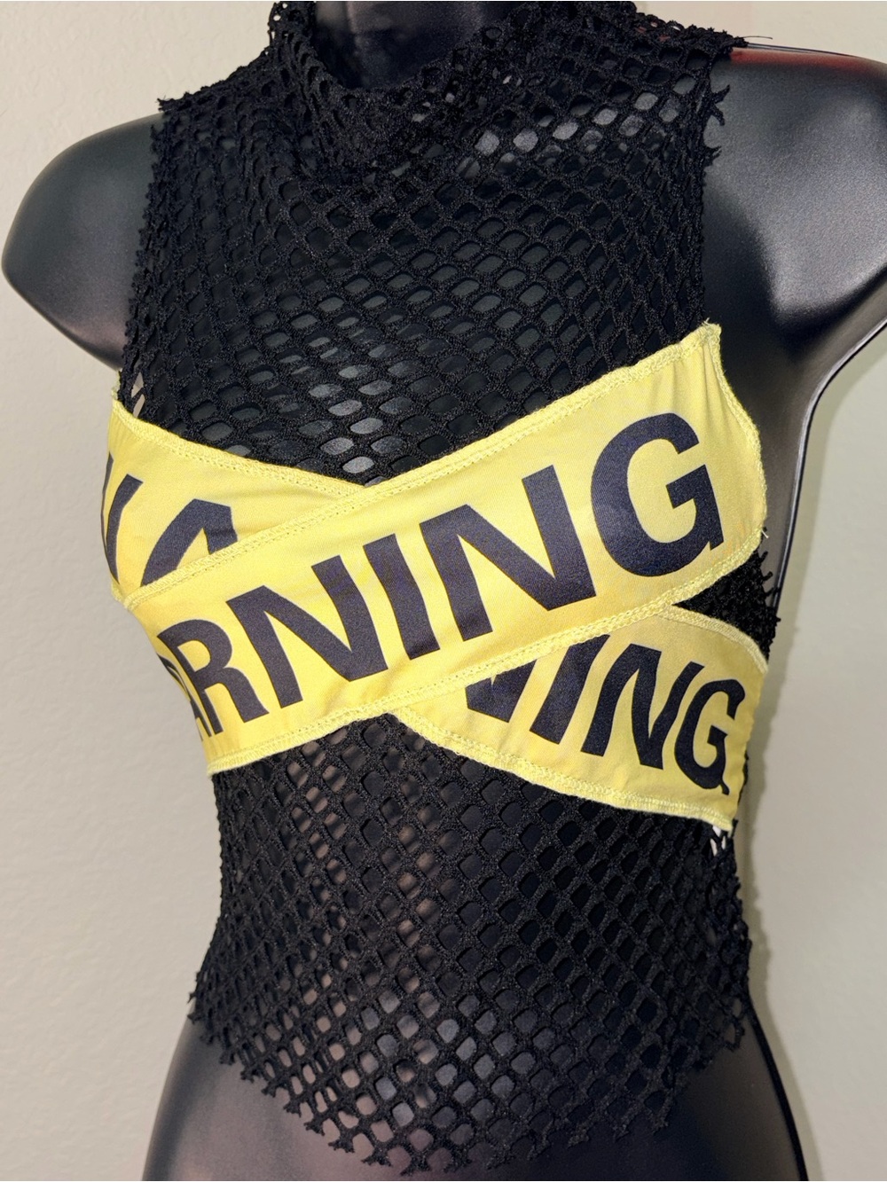 Black Fishnet Crop Top with Yellow Warning Band - Picture 3 of 5